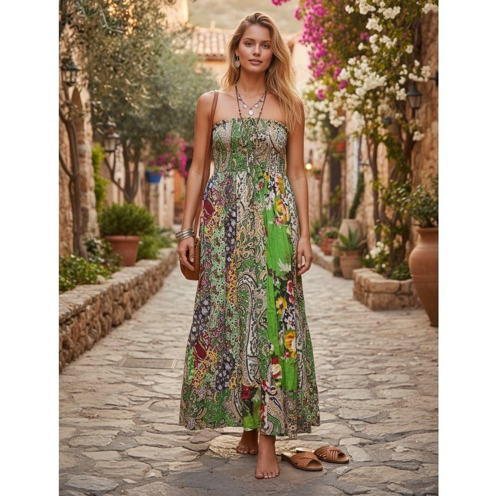 Patchwork Boho Fairy Strapless Maxi Dress M Green Festival Hippie Cotton
